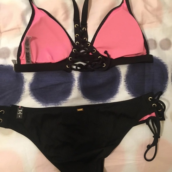 VS PINK black ribbed lace up bikini NWT - Picture 7 of 11